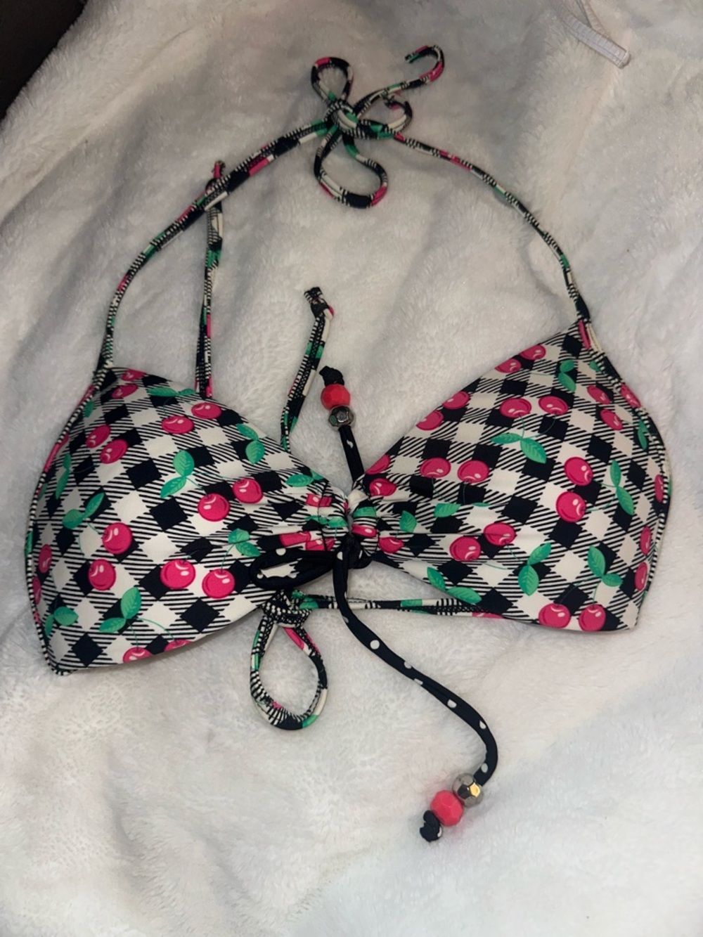 Arizona Jean Company Black Halter Bikini Top with Pink Cherry Print